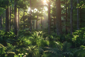A serene forest landscape with tall trees and lush vegetation, showcasing the beauty and tranquility of nature.
