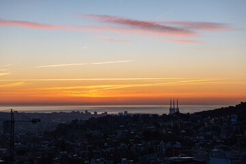 dawn, colored sky, morning city, mountains, houses