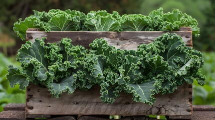 Vibrant Freshly Harvested Kale Leaves from Organic Garden in Rustic Wooden Crate