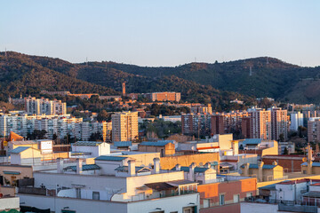 dawn, colored sky, morning city, mountains, houses