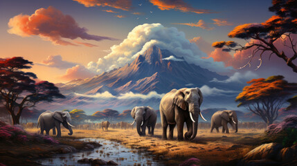 Elegant Elephants Roaming in a Stunning African Landscape at Sunset