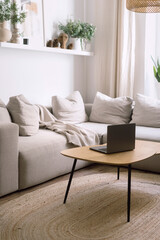 Vertical shot of ethnic style interior in living room with coffee table with notebook