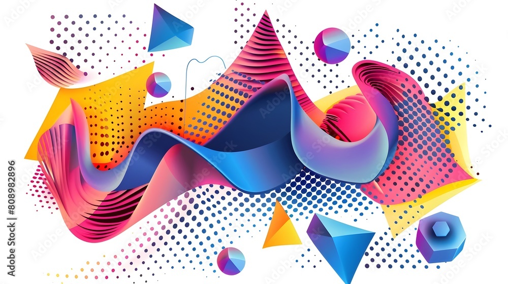 Poster vibrant geometric 3d polygon shapes with flowing lines and dots in memphis style motif