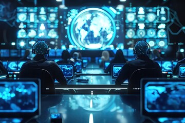 Scifi concept of global election monitored by AI overseers from a hightech command center