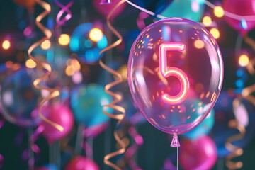Neon glowing sign of number 5 inside helium floating balloon. Child girl birthday party for 5 years...