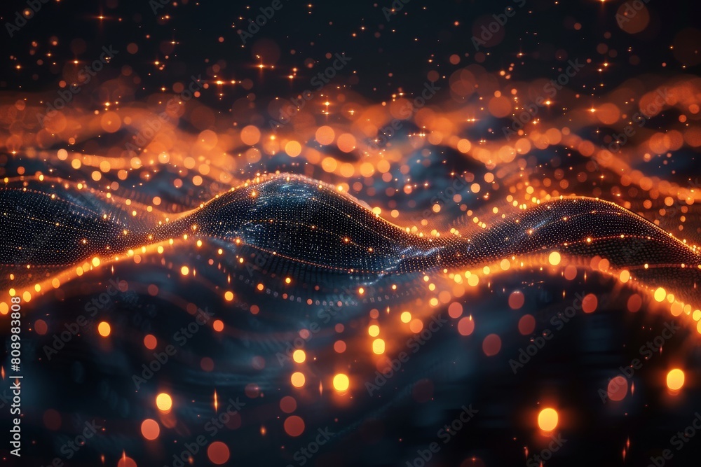 Poster an abstract digital representation of orange illuminated particles flowing in a wave-like pattern on