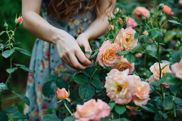 Young woman prunes roses in the backyard