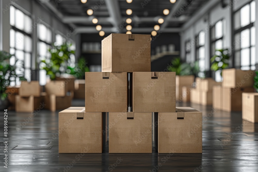 Poster a neat pyramid of cardboard boxes stacked in a spacious warehouse with shelves and boxes in the back