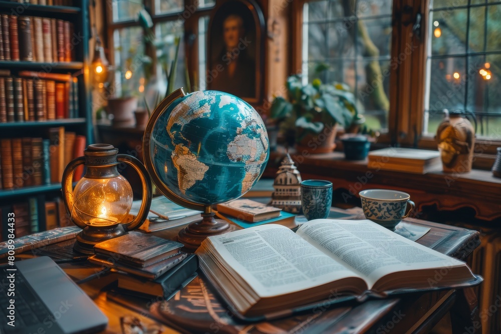 Poster an antique globe sits next to an open book in a warm, cozy study with a view, creating an atmosphere
