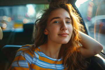 young woman sitting on backseat in taxi car