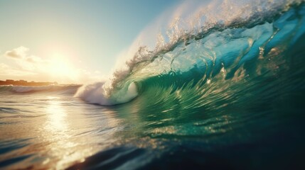 turquoise curvy ocean wave water with sunset view