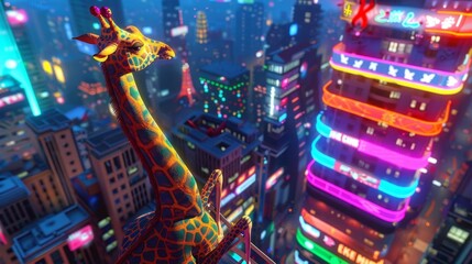 Capture a whimsical giraffe in the midst of breakdancing atop a skyscraper overlooking a neon-lit futuristic cityscape, using dynamic aerial angles