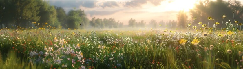 Capture the essence of Impressionism with a worms-eye view of a serene meadow, bathed in soft,...