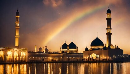 Silhouettes of pilgrims asking for divine blessings to inspire good fortune in life. blurred background mosque building The golden light of the sunset.