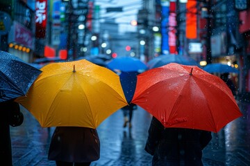 The vibrant colors of three umbrellas add life to the bustling city scene, while rain falls and lights reflect