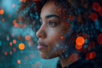 A woman with ethereal beauty is overlaid with futuristic digital face mapping technology, surrounded by a bokeh backdrop