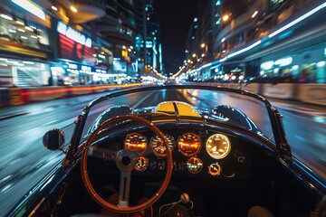 An immersive view of a vintage car's dashboard and steering wheel with the illuminated city streets...