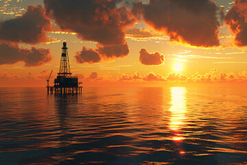 Fototapeta premium Silhouette of oil derrick in the ocean with sunset