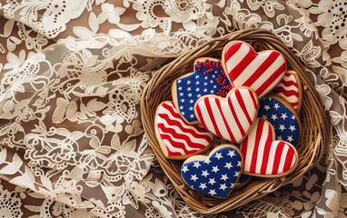 Fototapeta premium Gingerbread cookies with icing in the colors of the American national flag. Cookies for Independence Day celebration in a woven basket. Patriotic backdrop for July 4th.