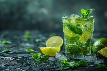 A captivating close-up shot of an iced mojito with lime slices, mint, and a cool moisture feel