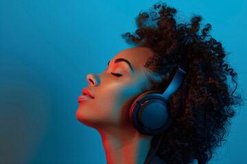 Beautiful african woman in modern wireless headphones with close eyes
