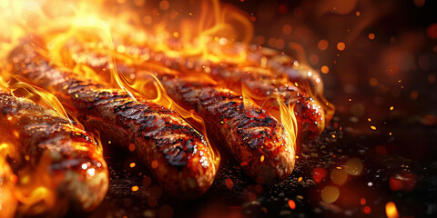 Grilled Sausages with Smoke and Flames on Barbecue Grill Cooking Outdoors