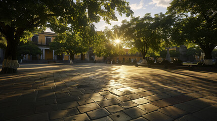 Golden Hour Serenity: Tranquil Plaza in Traditional Mexican Architecture