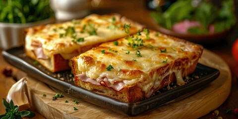 Cheese and Herb OpenFaced Sandwiches on a Black Plate on a Wooden Table