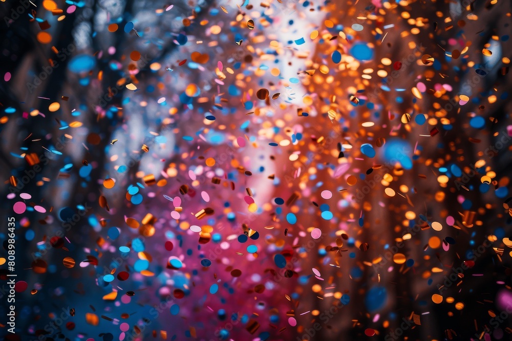 Poster mesmerizing display of colorful confetti particles captured in a bokeh effect, creating an abstract 