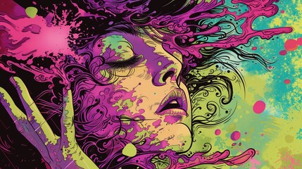 Psychodeliczny obraz przedstawia kobieta z zamkniętymi oczami. Z rozpryskujaca sie rozowa farba na zielonym wyrazistym tle.