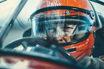 Close up of portrait of racer in a helmet