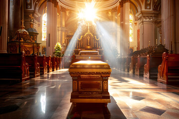 Wooden coffin in the bright catholic church