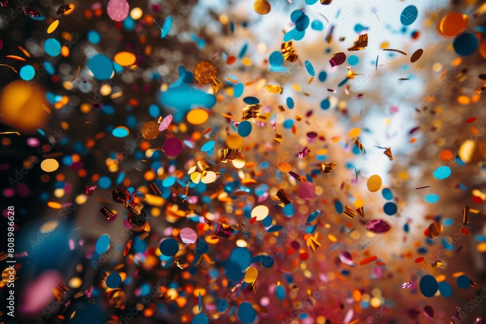 Poster capturing a bright array of confetti against a warm light background, the image exudes a festive and