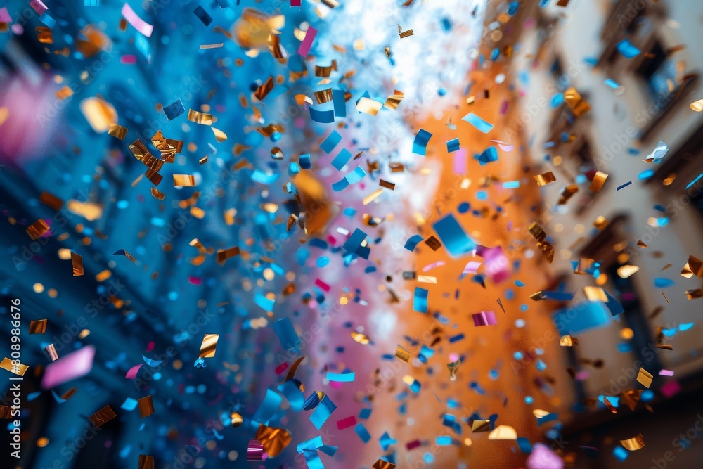 Aufkleber colorful confetti captured in motion, creating a dynamic and festive atmosphere with a blurred backg