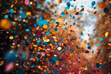 Capturing a bright array of confetti against a warm light background, the image exudes a festive and lively atmosphere