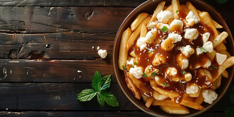 Delicious French fries with gravy and cheese on a rustic wooden table, top view of a mouthwatering comfort food menu concept