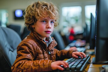 Child learning to code on a computer. Little boy in front of computer monitor. The magic of coding, unlocking new possibilities for a young mind.