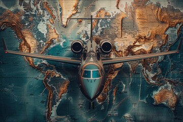Luxurious private jet poised over a stylized world map signifies upscale travel while showcasing the geography underneath