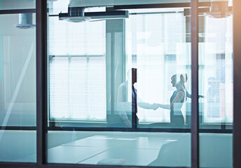 Window, reflection and business people with handshake, onboarding welcome or introduction meeting...