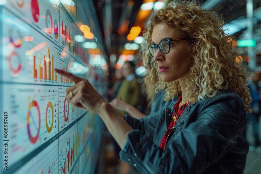 Poster an image of a woman with curly hair avidly working on a digital interactive wall full of colorful ch