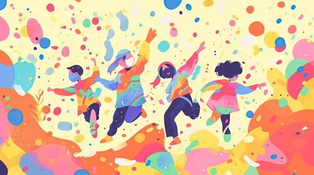 Grupa ludzi w maseczkach robi dab. Otoczeni są kolorowymi kształtami.    Podczas święta kolor&oacute;w holi