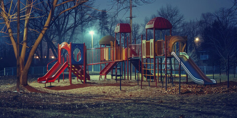 Desolate Nighttime Playground with Slide and Trees in the Background