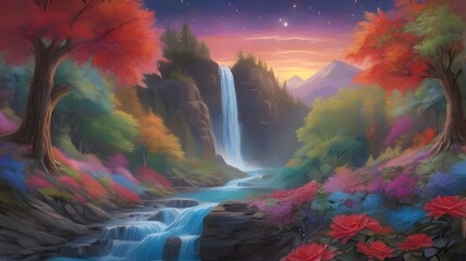 : "The dreamlike canvas creates scenes of pencil strokes, starry waterfalls, purple-leafed trees and lush rose bushes under a bright sky."