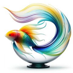 Fototapeta premium A stunning blown glass sculpture of a playful, long-tailed Koi fish with seamlessly blended rainbow colors, white background