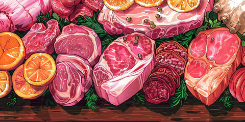 Assortment of Fresh Meat and Vegetables Displayed on Table with Orange Slice in the Middle