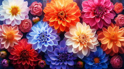 Fototapeta premium watercolor painting for Dahlia, water color chrysanthemum, seamless pattern of flowers. 4K Wallpaper and Background for desktop, laptop, Computer, Tablet, Mobile Cell Phone, Smartphone, Cellphone