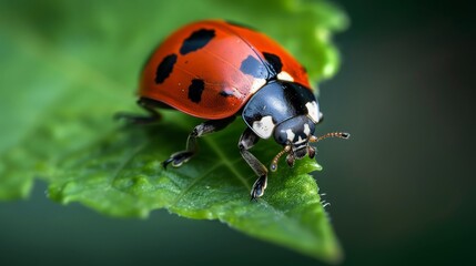 Fototapeta premium a lady bug, Harmonia axyridis perches on a leaf. generative ai