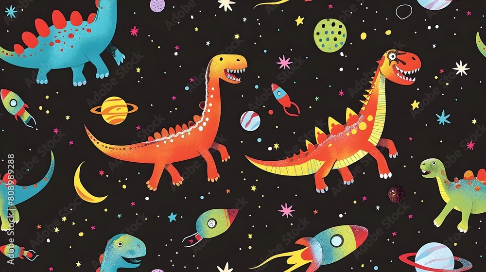 Poster vibrant celestial dinosaurs and rockets floating in cosmic space pattern