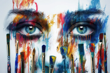 girl with painted face, Surrounding the eyes are an array of colorful brushes, each one dripping...