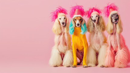 Afghan Hound dogs in a group, wearing hats and bright fashionable outfits isolated on solid pastel background advertisement, copy space. birthday party invite invitation banner
